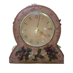 Vintage Shabby Chic Pink Floral Mantel Clock,Hand-Painted Resin Tabletop Quartz